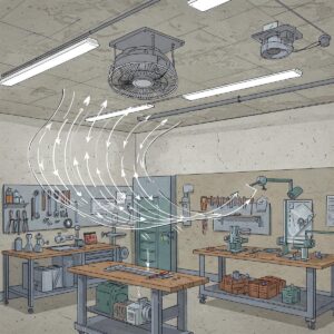 Diagram showing a ceiling-mounted cooling fan providing overhead airflow in a workshop.