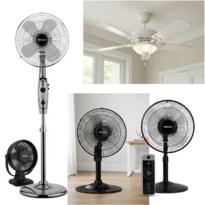 Various types of electric fans including pedestal, desk, and ceiling models.