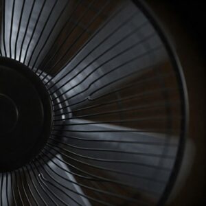 Detailed view of electric fan blades showing airflow design.