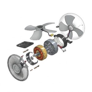 Exploded view illustration showing the internal components of an electric fan.