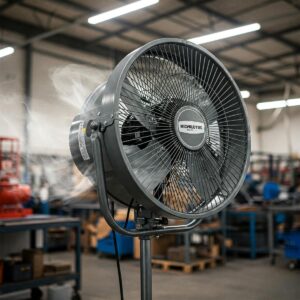 High-velocity cooling fan designed for maximum air circulation in a large shop space.