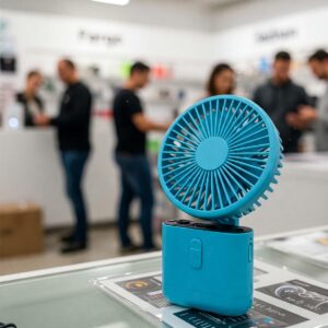 A compact and portable cooling fan, ideal for personal use in a shop environment.
