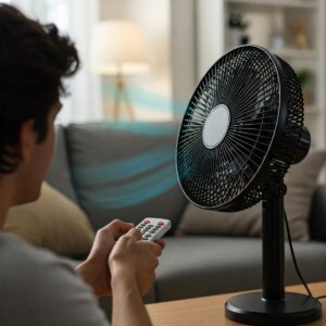 Person using a remote control to adjust settings on an electric fan.