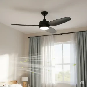 A stylish 3-blade ceiling fan gracefully positioned in a cozy bedroom, providing optimal air circulation.