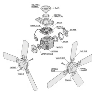 Detailed diagram illustrating the components of a 3-blade ceiling fan, highlighting the motor, blades, and mounting bracket.