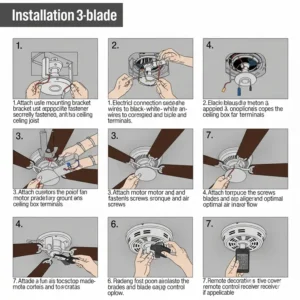 Step-by-step image guide demonstrating the proper installation of a 3-blade ceiling fan.