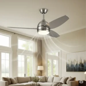 A powerful 3-blade ceiling fan enhancing comfort and air movement in a spacious living room.