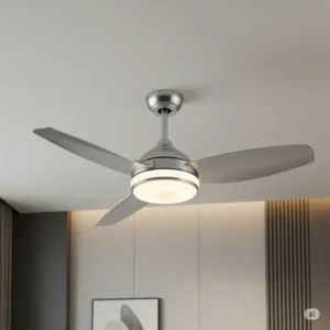 A sleek, modern 3-blade ceiling fan with integrated LED lighting, perfect for contemporary living spaces.
