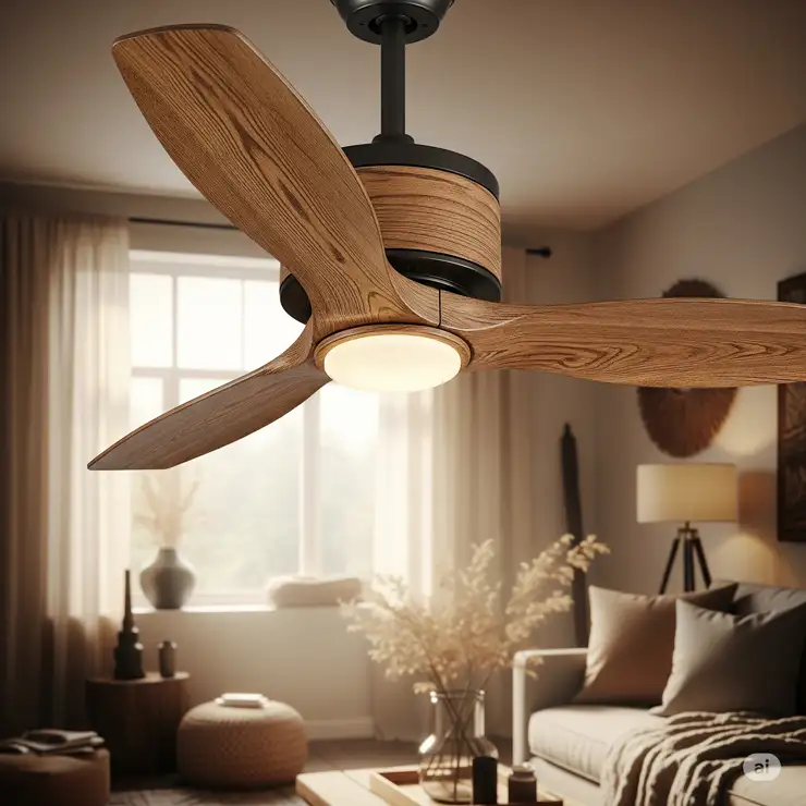 A rustic 3-blade ceiling fan with natural wood-grain blades, ideal for adding warmth to interiors.