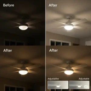 See the dramatic transformation of a ceiling fan with the addition of a versatile light kit, improving room brightness.