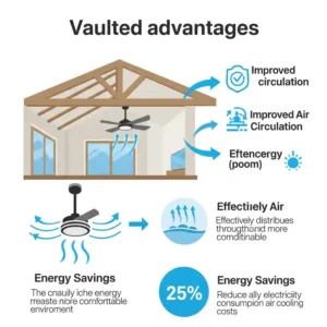 Infographic detailing the energy-saving benefits and improved air circulation provided by a well-chosen vaulted ceiling fan.