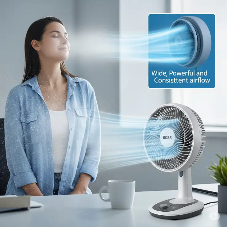 Visual representation of powerful and consistent airflow generated by a Boss fan for optimal cooling.
