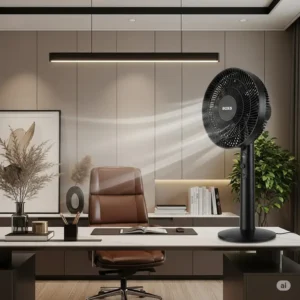 A sleek and modern Boss fan cooling a stylish office, showcasing its powerful airflow and quiet operation.