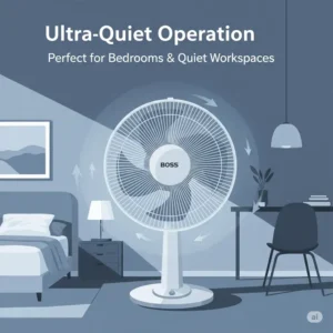 Graphic representing the ultra-quiet operation of a Boss fan, ideal for bedrooms or quiet workspaces.