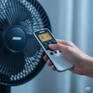 Hand holding a remote control, adjusting settings on a Boss fan for ultimate convenience.