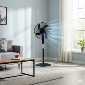 Full view of a tall, oscillating Boss standing fan providing widespread airflow in a living room.