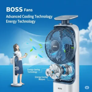  Illustration highlighting the advanced cooling technology and energy efficiency of Boss fans.