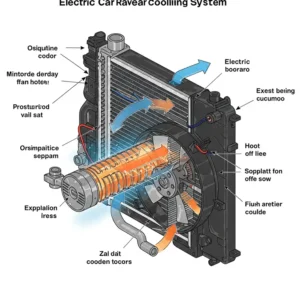 Diagram illustrating the components and airflow of a typical electric car radiator cooling fan