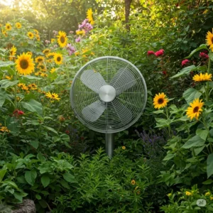 Illustration of a cool outdoor fan enhancing comfort in a lush garden setting.