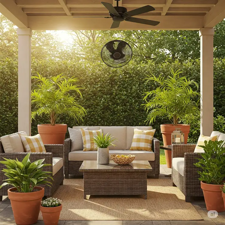 Stylish cool outdoor fan providing a refreshing breeze on a patio