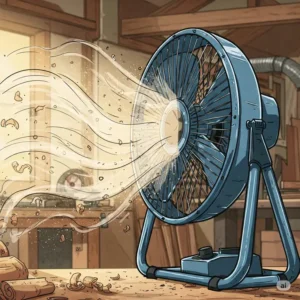 Illustration showing strong airflow from a cooling shop fan