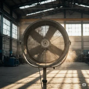 Powerful industrial cooling shop fan providing effective ventilation.