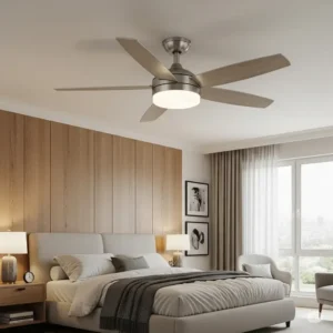 A stylish Craftmade ceiling fan installed in a cozy bedroom, providing comfort and airflow for a restful night.