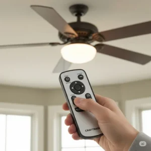 Hand holding a remote control, operating a versatile Craftmade ceiling fan with multiple speed settings and light dimming.