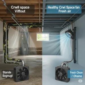 Visual representation of the benefits of a crawl space fan, including prevention of mold growth and musty odors.