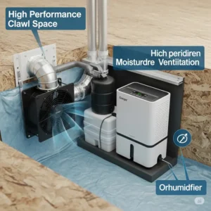 A crawl space fan working in conjunction with a dehumidifier to maintain optimal moisture levels.