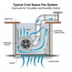 Diagram showing a typical crawl space fan for air circulation and humidity control.