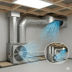 A crawl space fan connected to ventilation ductwork, demonstrating proper exhaust.