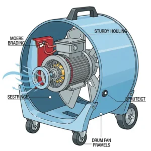 Diagram illustrating the key components of a portable drum fan, including motor and durable housing.