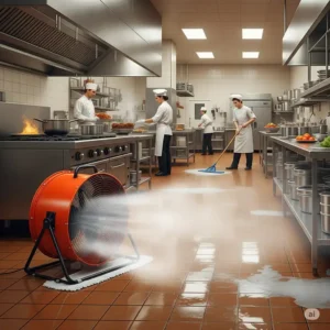 Image of a drum fan effectively drying a large area, showcasing its utility for air circulation and drying.
