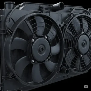 Dual electric cooling fans mounted on a vehicle radiator, providing enhanced engine cooling.