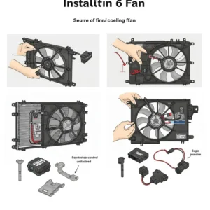 Illustration depicting the installation process of an electric cooling fan on a car radiator.
