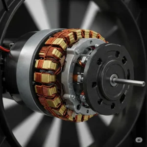 Detailed view of an electric motor powering a radiator cooling fan, showcasing its internal components.