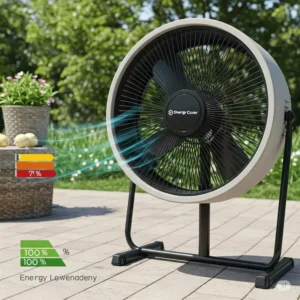 An energy-efficient outdoor cooler fan, emphasizing its low power consumption.