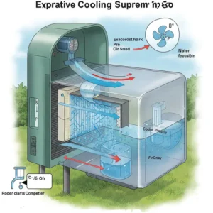Diagram showcasing the evaporative cooling process in an outdoor fan.