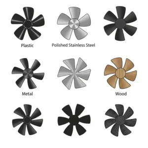 Icons showcasing common materials used in manufacturing fan blades, such as plastic, metal, and wood.