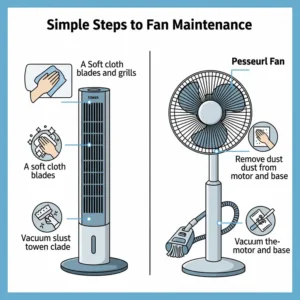 Simple illustration depicting the general maintenance of a fan, relevant to the cleaning considerations for both tower and pedestal fan types.