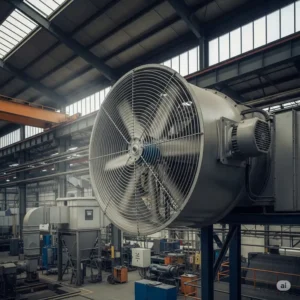 Large industrial squirrel cage fan installed in a factory setting, used for ventilation and air handling in a commercial environment.