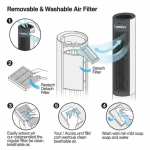 Illustration of a Lasko tower fan with an integrated carry handle, emphasizing its easy assembly and portability.