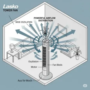 Diagram showing the wide oscillation and powerful airflow distribution of a Lasko tower fan, reaching all corners of a room.
