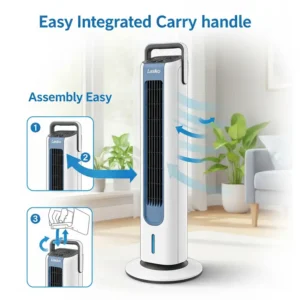 Graphic depicting the quiet operation technology of a Lasko tower fan, ideal for bedrooms and quiet spaces.