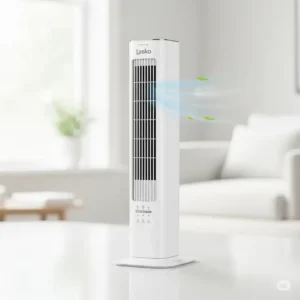 Slim and space-saving Lasko tower fan, highlighting its contemporary design suitable for any home or office.