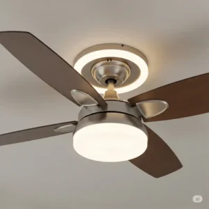 Detailed view of a light kit seamlessly attached to a ceiling fan, enhancing both style and illumination.