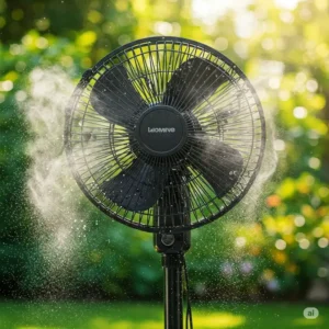 Close-up illustration of a misting cool outdoor fan, perfect for hot weather.