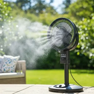 An outdoor cooler fan with a misting feature, creating a cool and humid environment.