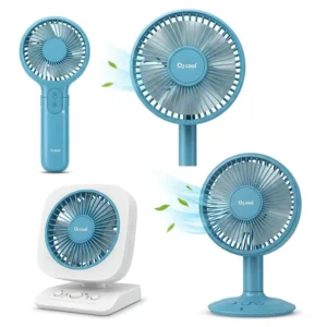 Various O2 Cool fan models including handheld, desk, and misting options.